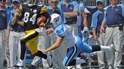 Steelers kick returner Steelers Antonio Brown runs past Titans kicker Rob Bironas on his way to 89-yard touchdown kickoff return in the first quarter a game LP Field in Nashville, Tenn., Sept. 19.