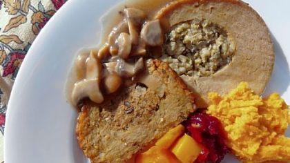 A slice of Tofurky roast (at right) is bigger and meatier-tasting than a slice of Celebration Roast.
