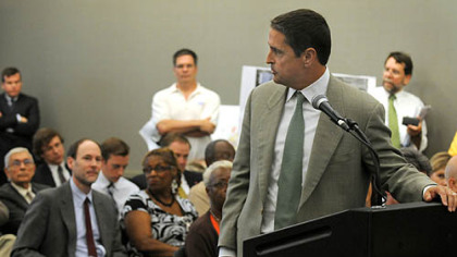 Pittsburgh Penguins President David Morehouse turns to look at the audience during his testimony in which he said he favors demolishing the Civic Arena.