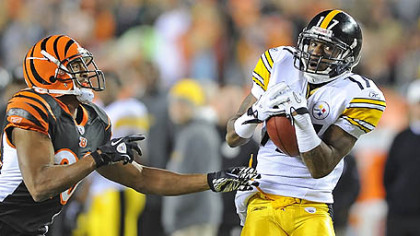 Steelers wide receiver Mike Wallace pulls in long pass from quarterback Ben Roethlisberger deep in Bengals territory at Paul Brown Stadium in Cincinnati, Monday.