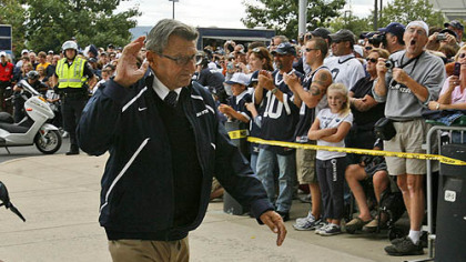 Penn State coach Joe Paterno has a career record of 399-132-3.