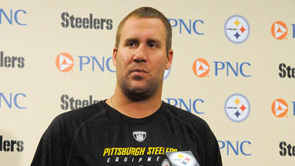 Steelers quarterback Ben Roethlisberger speaks with reporters after returning to the Steelers' practice facility following a four-game suspension.