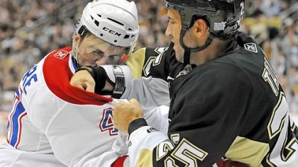 Max Talbot, right, squares off with Montreal's Maxim Lapierre Saturday night at Consol Energy Center.