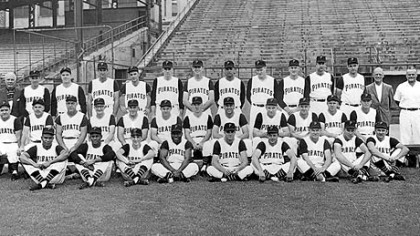 Row 1: Gene Baker, Roberto Clemente, batboy Bob Recker, Joe Christopher, Tom Cheney, Roy Face, Rocky Nelson, Bill Mazeroski, Bob Oldis. Row 2: Manager Danny Murtaugh, coach Frank Oceak, coach Sam Narron, coach Bill Burwell, coach Lenny Levy, Smoky Burgess, Dick Schofield, Gino Cimoli, Bob Skinner, Hal Smith, Bill Virdon, Don Hoak. Row 3: Traveling secretary Bob Rice, Harvey Haddix, Bob Friend, coach Mickey Vernon, Dick Groat, Joe Gibbon, Dick Stuart, Earl Francis, George Witt, Vernon Law, Fred Green, Wilmer Mizell, coach George Sisler, trainer Danny Whealan. The team photo was taken earlier in the season; not all those pictured were part of the World Series roster.